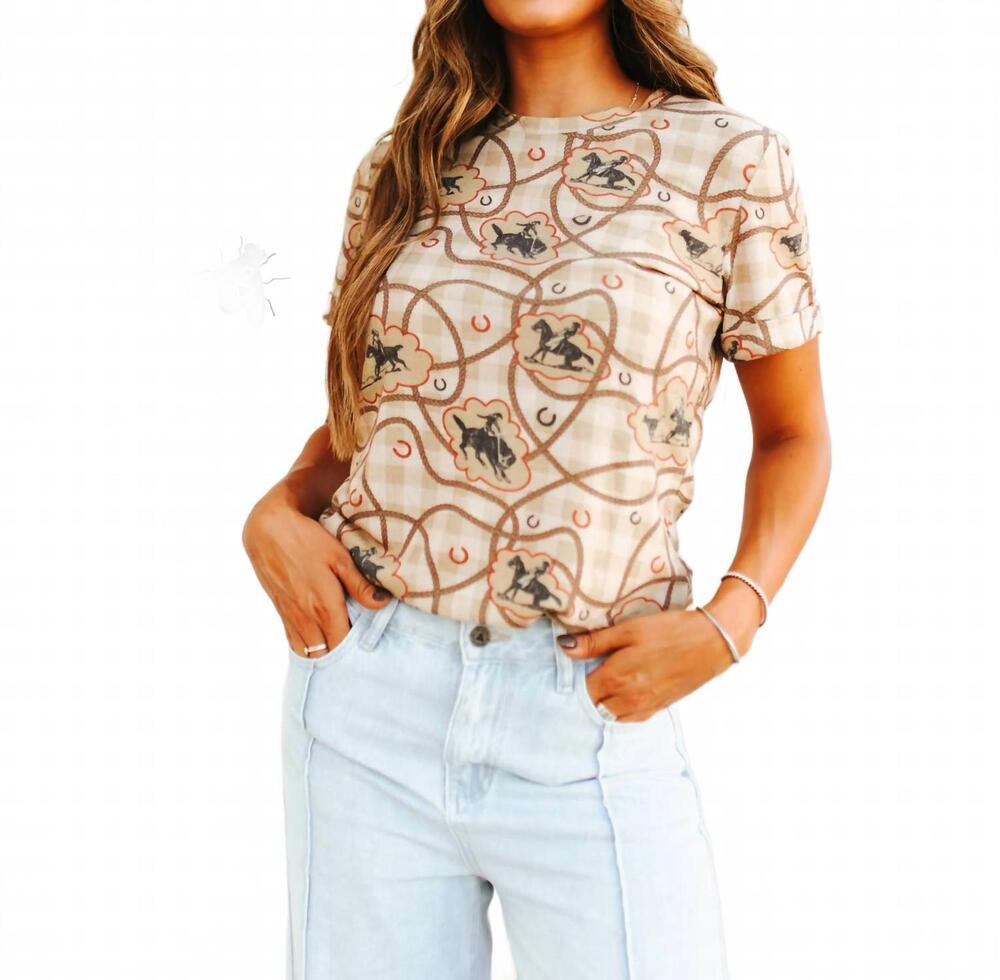 NEW 2FLYCO red rodeo short sleeve top in beige